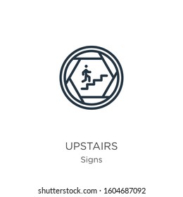 Upstairs icon. Thin linear upstairs outline icon isolated on white background from signs collection. Line vector sign, symbol for web and mobile
