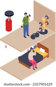 Upstairs resident engaging in energetic workouts or exercises, causing disturbance to the occupants of the lower floor due to the noise from the dumbbells Vector Icon Design, neighbourhood conflicts