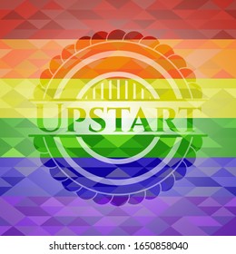 Símbolo ascendente sobre fondo de mosaico con los colores de la bandera LGBT