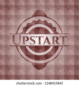 Upstart red emblem or badge with abstract geometric pattern background. Seamless.