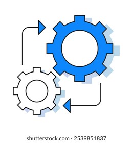 Ícone do sistema a montante — duas engrenagens de encravamento com setas direcionais que mostram a ligação entre processos sequenciais