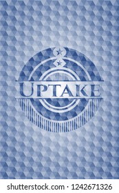 Uptake blue emblem with geometric pattern background.