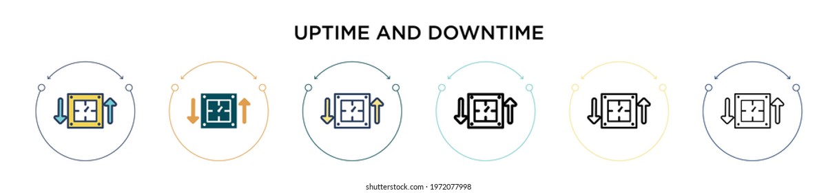 Uptime and downtime icon in filled, thin line, outline and stroke style. Vector illustration of two colored and black uptime and downtime vector icons designs can be used for mobile, ui, web