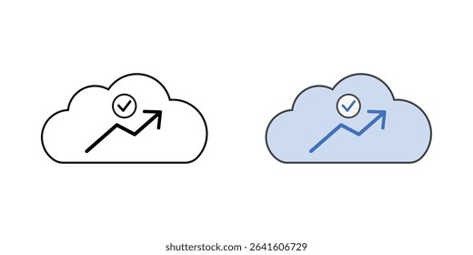 Uptime monitor icon with a graph and check mark inside a cloud, shown in outline and color styles, perfect for monitoring cloud service availability and performance.