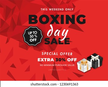 Upto 50% -30% extra discount offer with gift boxes on red geometric abstract background for Boxing Day sale banner or poster design.