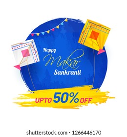 Upto 50% discount offer for Happy Makar Sankranti festival celebration template or poster design decorated with kites and bunting flags.