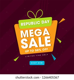 Upto 50% discount offer for Republic Day mega sale poster design decorated with 3d geometric elements.