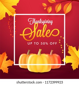 Upto 50% discount offer for Thanksgiving sale, banner or poster design with illustration of pumpkins, maple or autumn leaves on red shiny background.