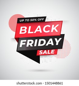 Upto 50% offer for Black Friday Sale tag or ribbon on white dotted effect background.