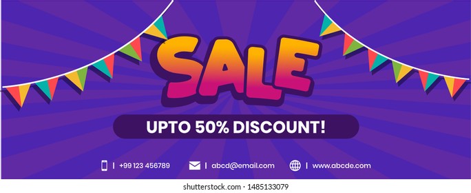 Upto 50% sale colourful facebook cover banner. Sale cover template. Sal cover with uptown 50% discount mentioned in it with purple background texture. Sale banner for social media marketing