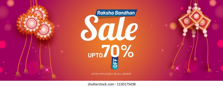 Upto 70% Discount Offer For Raksha Bandha Sale Banner With Beautiful Rakhi (wristband) On Shiny Pink Blur Background.