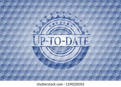 Up-to-date blue emblem with geometric pattern background.