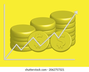 Uptrend abstract background with 3-dimensional coin silhouette and a bunch of arrows pointing in the air indicates more positive feelings of increasing, growing, motivation, hope and meaning.