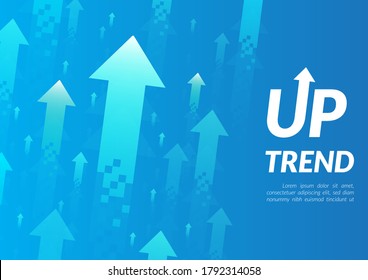 Uptrend abstract background. A group of digital green and blue arrows point up in the air shows feeling that rise, growth, motivation, hope, and more positive meaning.