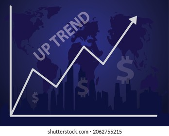 Uptrend abstract background with world map silhouette, building and bunch of digital gray arrows pointing in the air showing rising feelings, growing, motivation, hope and more positive meaning.