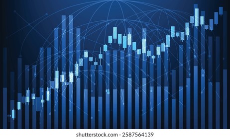 uptrend candlesticks chart with bar graph on blue background. business profit and finance investment 