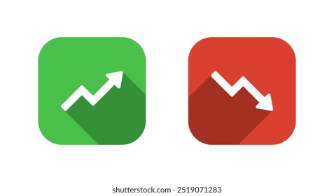 Aufwärtstrend- und Abwärtstrend-Pfeilsymbol mit langem Schatten. Auf- und Abwärtspfeile auf einem Quadrat
