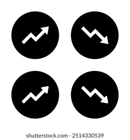 Ícone de seta de tendência ascendente e descendente no círculo preto. Conceito de setas ascendentes e descendentes