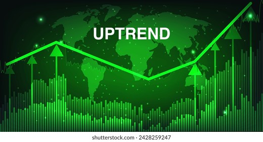 Uptrend global stock market candle stick bar chart raising up concept. Green Bar chart and green up arrow with raising meteors. Vector illustration