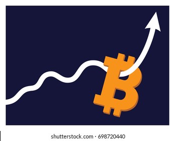 Uptrend line arrow breaking through bitcoin sign on blue color background vector flat icon design
