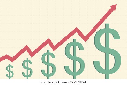 uptrend line arrows with dollar sign in flat icon design on yellow color background (vector)