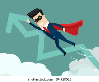 Uptrend. Super businessman with growing graph. Success business concept cartoon illustration.