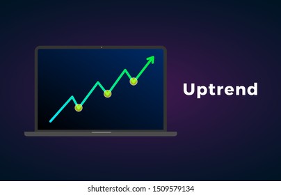 Uptrend trend definition flat icon with laptop - bullish chart pattern figure technical analysis. Vector stock and cryptocurrency exchange graph, forex analytics, trading market price.