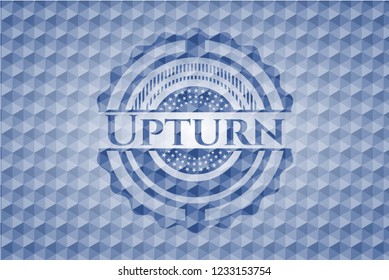 Upturn blue badge with geometric pattern background.