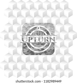 Upturn grey badge with geometric cube white background