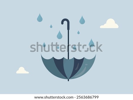 Upturned Umbrella Catching Raindrops Creative Water Illustration. umbrella collecting falling water drops against light blue sky with white clouds, symbolizing water harvesting. Water conservation.