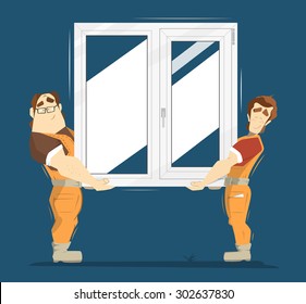 Upvc plastic window color illustration. Two man holding plastic window.