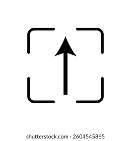 Upward arrow centered in square brackets on white background . vector illustration.