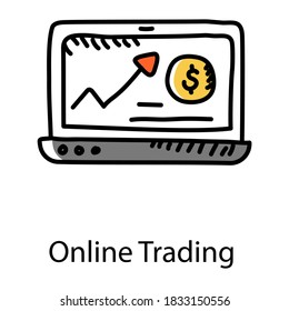 Flecha arriba con dólar dentro de la laptop, estilo de garabato del icono de comercio en línea