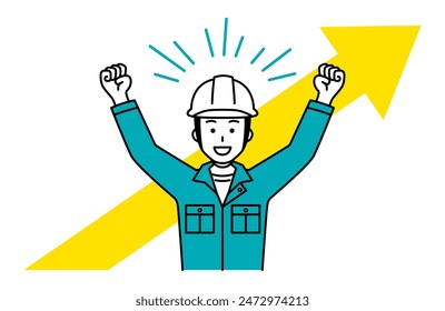 An upward arrow and a happy worker with his hands raised