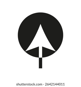 Upward arrow icon. Bold circle symbol. Simple vector pointer. Minimal contrast mark.