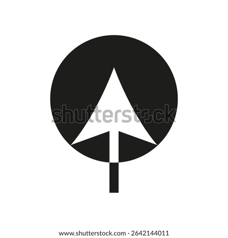 Upward arrow icon. Bold circle symbol. Simple vector pointer. Minimal contrast mark.