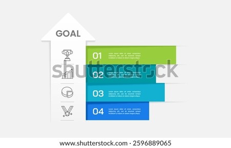 Upward arrow infographic with 4 options to success. Presentation, Data, Report, Plan and Strategy. Vector illustration.