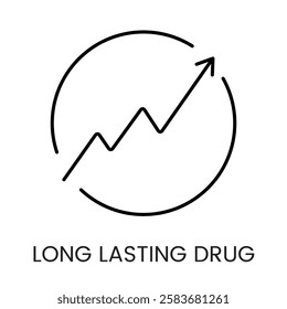 An upward arrow inside a circular frame icon in vector, symbolizing growth and long term drug action, with an editable stroke.