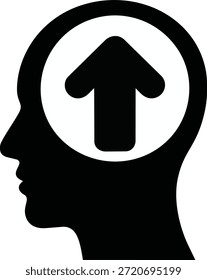 Seta para cima dentro de uma cabeça humana simbolizando a mentalidade e o progresso do crescimento