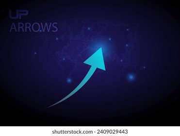 An upward arrow on a dark blue background with a large arrow represents business growth. development progress
