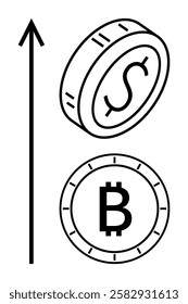 Upward arrow pointing beside dollar and Bitcoin coins, representing financial growth and investment. Ideal for finance, investment, cryptocurrency, economic trends, market analysis, financial growth