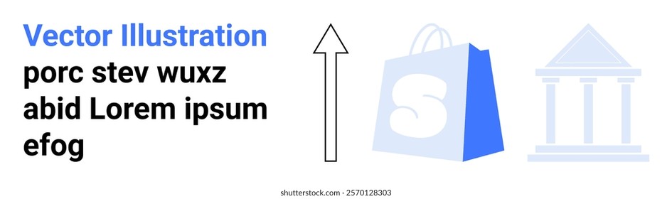 An upward arrow signifies growth alongside a shopping bag and a financial institution building. Ideal for business, finance, e-commerce, online shopping, economic growth. Landing page