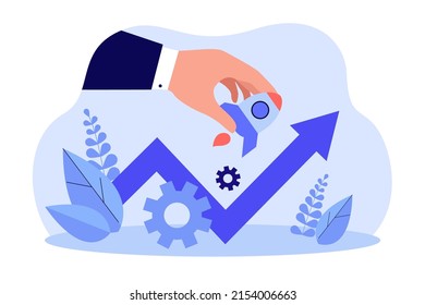 Upward arrow as symbol of progress and big hand holding rocket. Metaphor for business growth flat vector illustration. Startup, development concept for banner, website design or landing web page