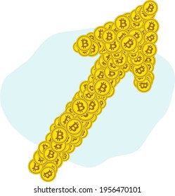 Una flecha hacia arriba que consiste en monedas de oro de la criptomoneda virtual bitcoin. Símbolo de crecimiento del valor monetario. Aumento de la tendencia comercial