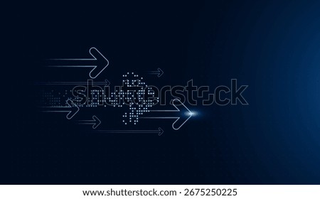 Upward arrows with a digital pixel trail dominate the image, highlighting themes of transformation, achievement, and global connectivity. The glowing design reflects progress