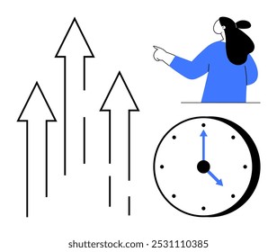 Upward arrows representing growth and a clock symbolizing time management with a figure of a woman pointing. Ideal for productivity, time management, career growth, business success, personal