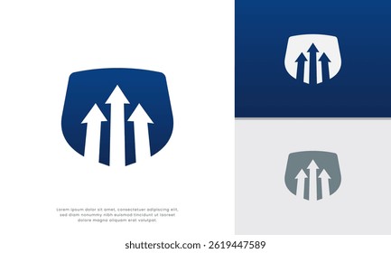 Upward Arrows Shield Logo. Modern and dynamic logo featuring three upward-pointing arrows encased in a shield. Ideal for businesses focused on growth, progress, security, and achievement.
