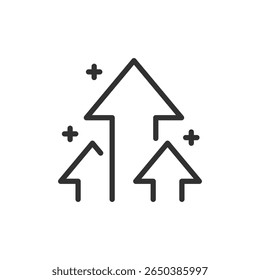 Flechas hacia arriba con destellos, icono lineal. Indica crecimiento, mejora, ascenso profesional, éxito y transformación. Trazo editable.
