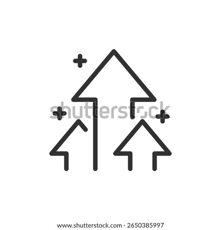 Upward arrows with sparkles, linear icon. Indicates growth, improvement, career rise, success and transformation. Editable stroke.
