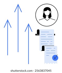 Upward arrows symbolize career progress next to a profile of a professional woman and a checklist document with approval mark. Ideal for career development, performance evaluation, personal growth